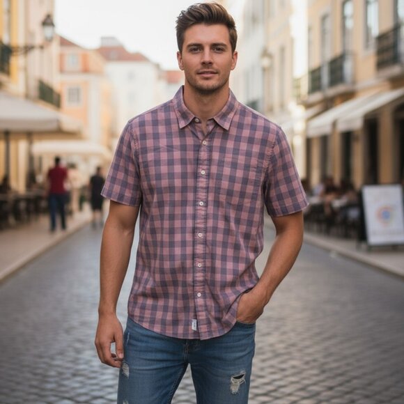 FAHERTY Movement Short Sleeve Mens Button Down Shirt M Salmon Blue Buffalo Plaid - Picture 11 of 11